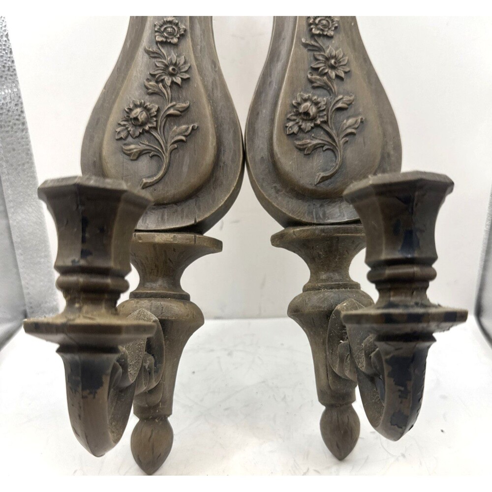 Vintage Pair Dart USA Syroco #4015 Wall Sconce Candle Holders 14" Flowers daisy - Picture 3 of 10